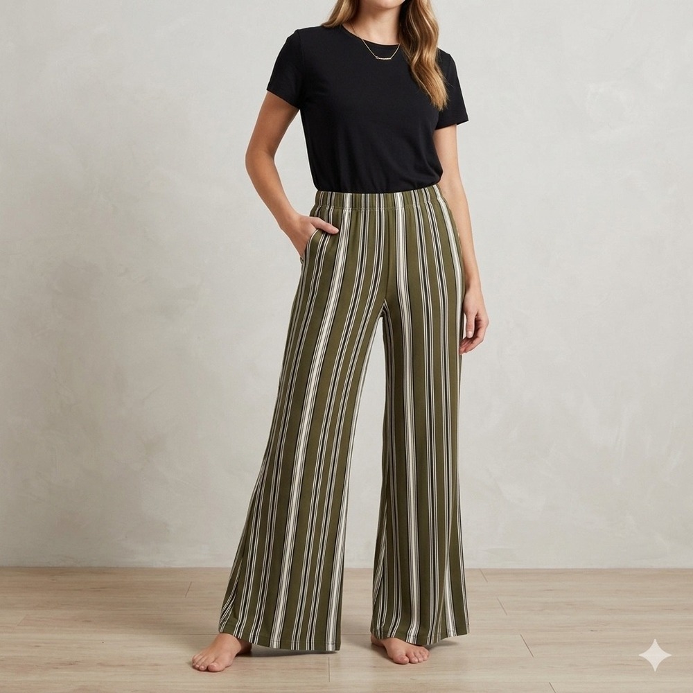 Hot Kiss Olive Green Striped Wide Leg Palazzo Pants Large SFP3535